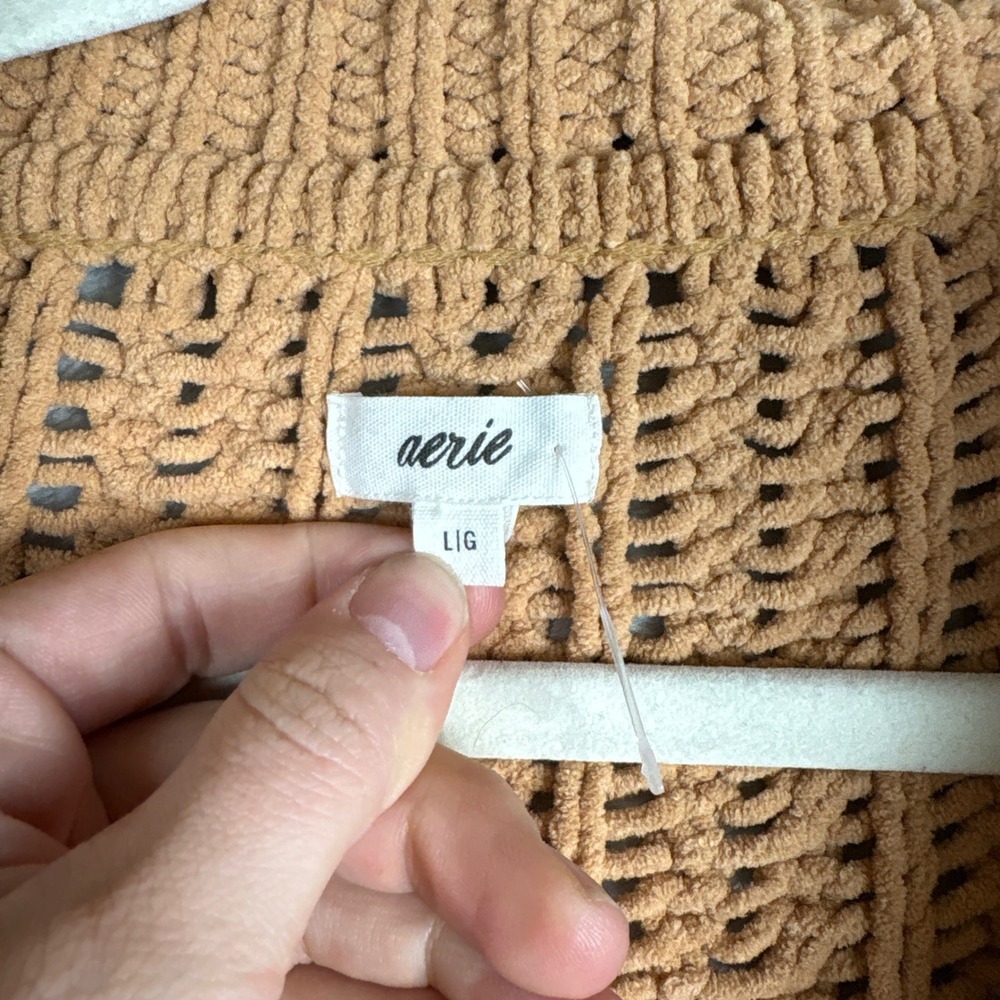 Aerie Chenille Cable Knit Quarter Zip Sweater Camel Brown Large Womens Cozy - Picture 2 of 6